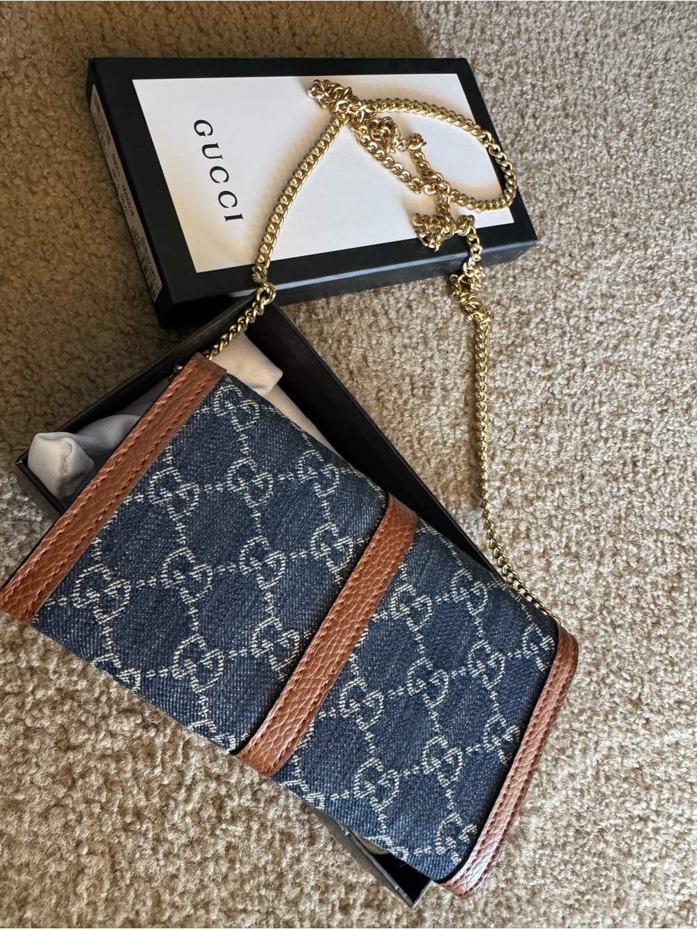 Navy Monogram Denim Crossbody with Brown Leather and Gold Chain - Picture 6 of 7